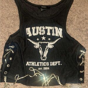 Forever 21 Black Graphic Tank with Lace-Up Sides